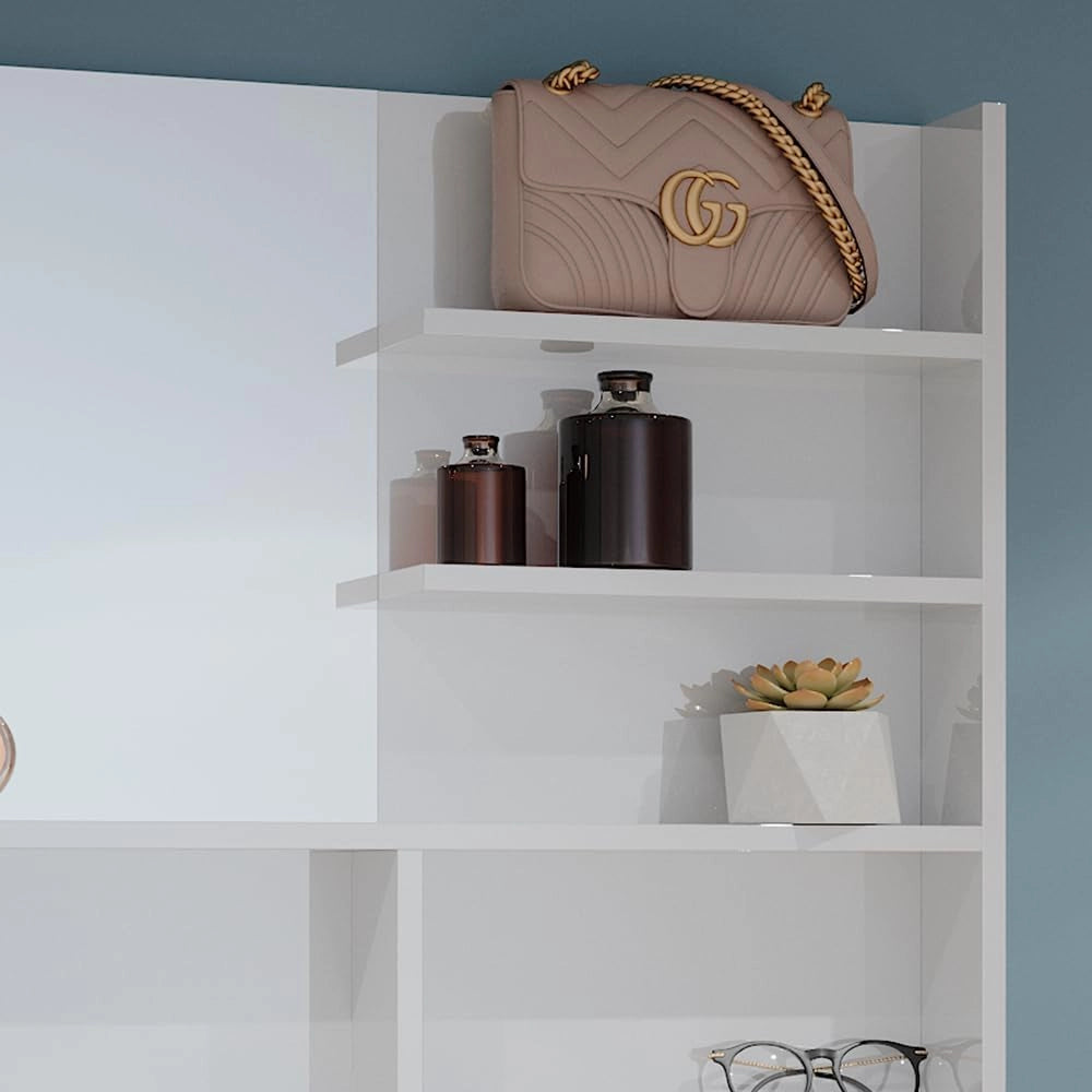 Specchio bagno, Bianco lucido, 89.8 x 65 cm con scomparti aperti, con cinque ripiani aperti per la conservazione degli accessori da bagno