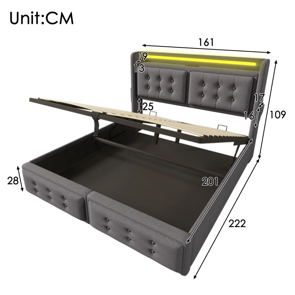 Letto matrimoniale 160x200 cm con contenitore; testiera con prese e USB; LED; grigio