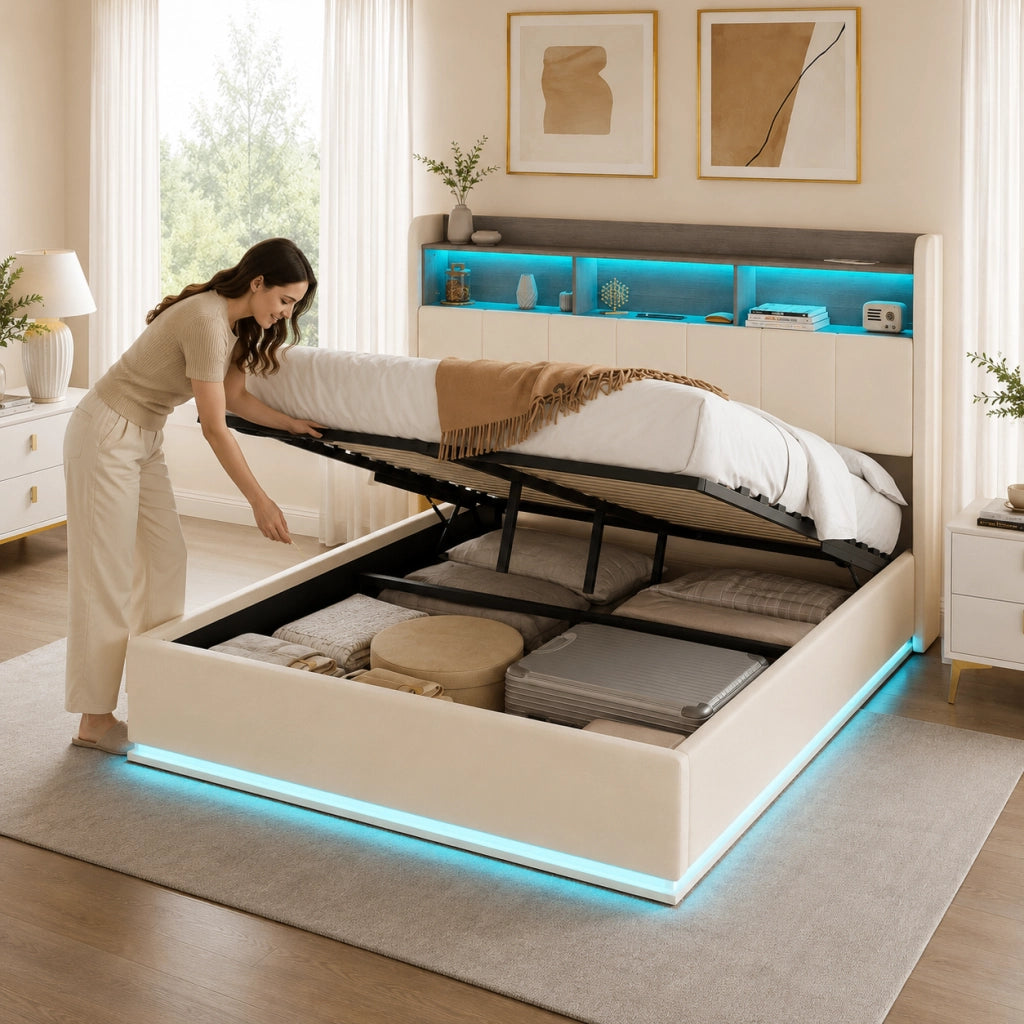 Letto matrimoniale contenitore idraulico 140x190 cm, rivestimento velluto beige, testiera con vani, LED RGB, porte USB‑A e USB‑C, capacità 350kg