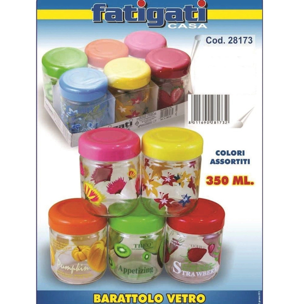 Trade Shop - Set 6 Pezzi Barattoli Contenitori In Vetro Colorati Coperchio Plastica 350ml -