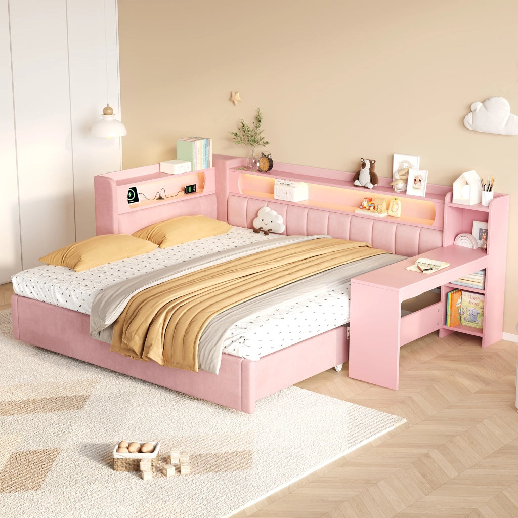 Letto singolo estraibile 90x200 cm con scrivania; LED e USB; rosa