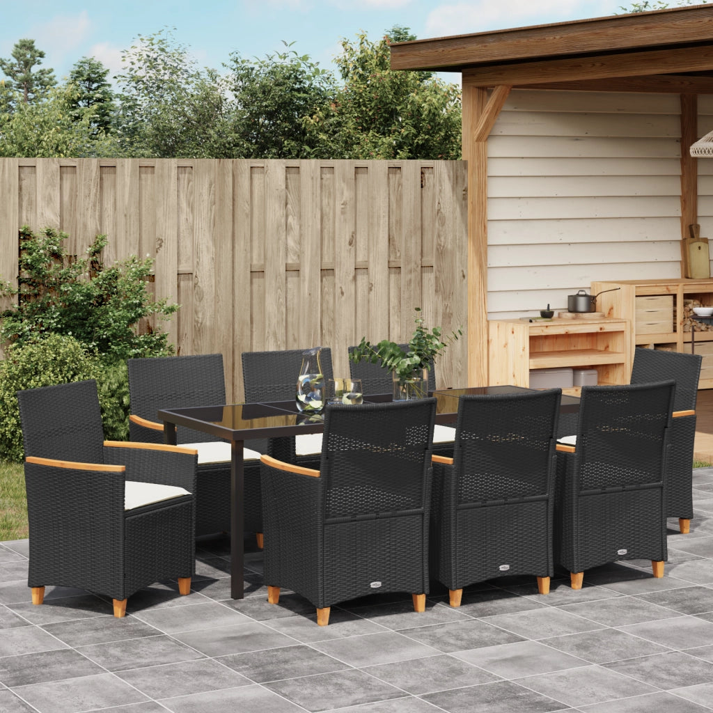 Set da pranzo da giardino 9 pezzi con cuscini neri in polyrattan