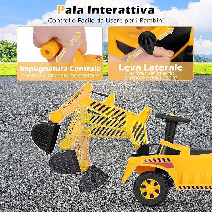 Escavatore a Spinta Cavalvabile per Bambini, Ruspa Giocattolo con Benna da Scavo Suono e Spazio di Stoccaggio, Veicolo da Costruzione per Bambini 19-36 Mesi (Stile 4)