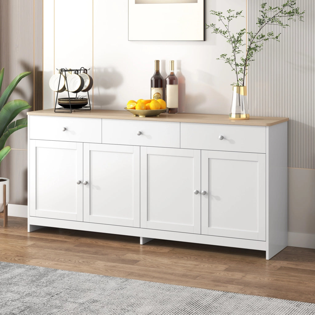Credenza sideboard 160 cm con 4 ante; 3 cassetti e ripiani regolabili; MDF bianco