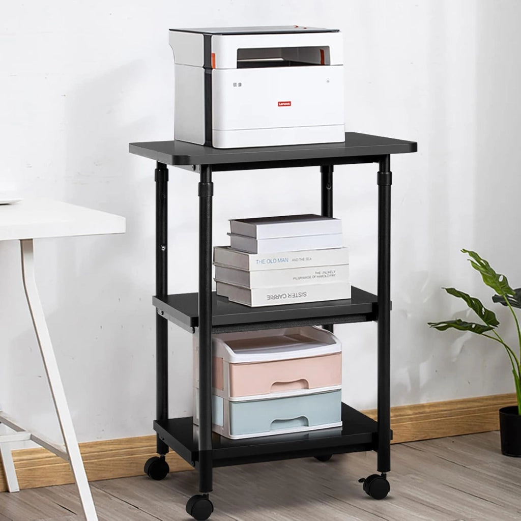 Carrello Supporto per Stampante, Scaffale Portaoggetti con Ruote, a 3 Ripiani, Ruote con Freni, Altezza Regolabile, Portata di 50 kg per Ogni Piano, 49x40x67-77 kg