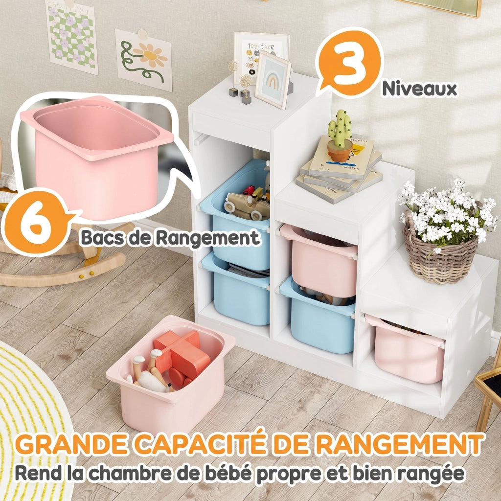 Meuble de Rangement pour Jouets 3 Niveaux 3-8 Ans Bleu Clair Rose