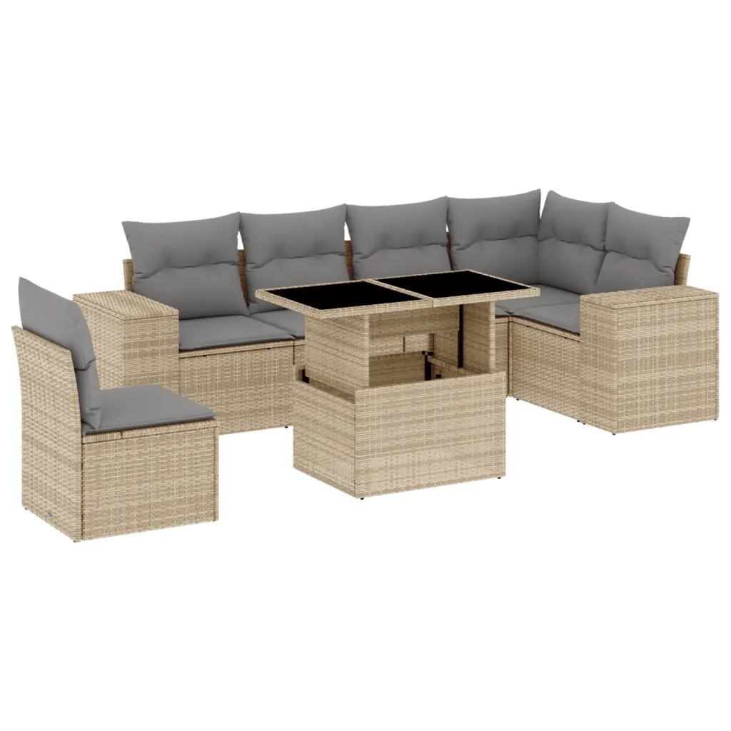 Set Divani da Giardino 7 pz con Cuscini Beige in Polyrattan