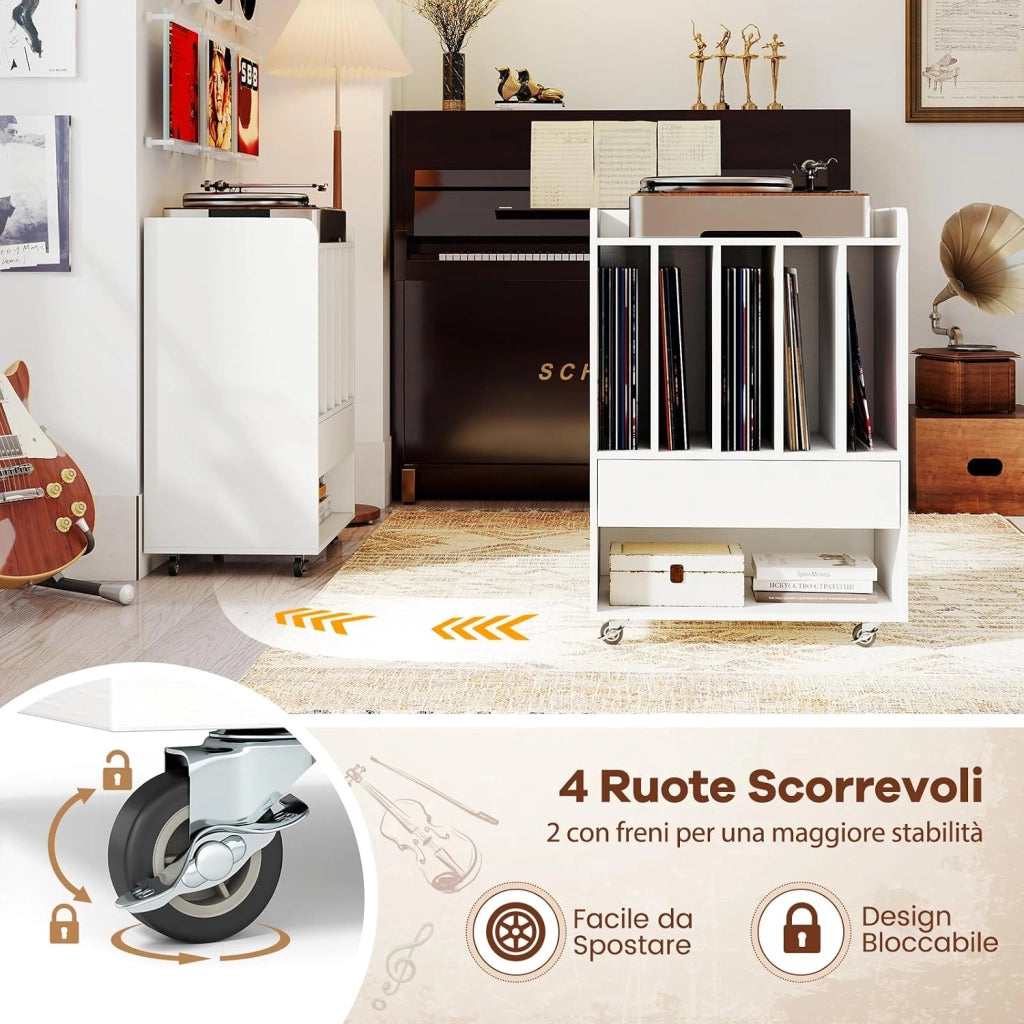 Mobile Porta Vinili con 4 Ruote Universali, Porta Dischi Vinile con Cassetto, Scomparto Aperto e Gancio Rimovibile, Mobile Giradischi Salvaspazio per Studio, Ufficio e Soggiorno (Bianco)