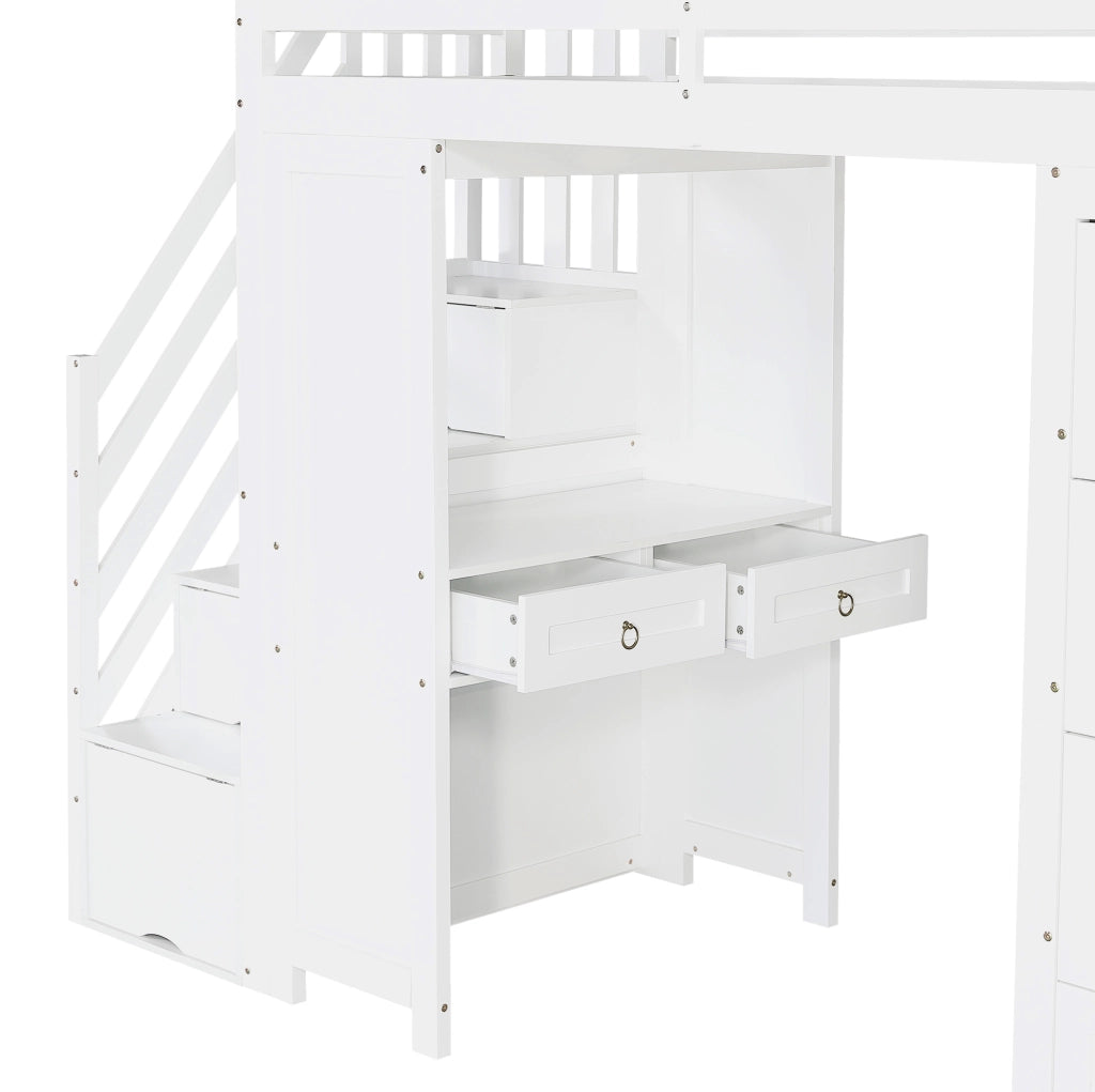 Letto a soppalco multifunzionale per bambini con area studio, contenitori e scaletta, 90x200 cm, bianco