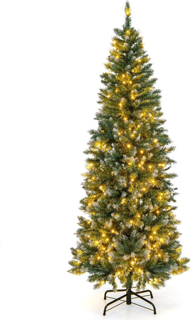 Albero di Natale Slim con Luci 150/180cm, Albero di Natale Innevato con 408/618/818/1298 Punte, 200/250/350/500 Luci LED Bianche Calde, Supporto in Metallo Pieghevole (180 cm)
