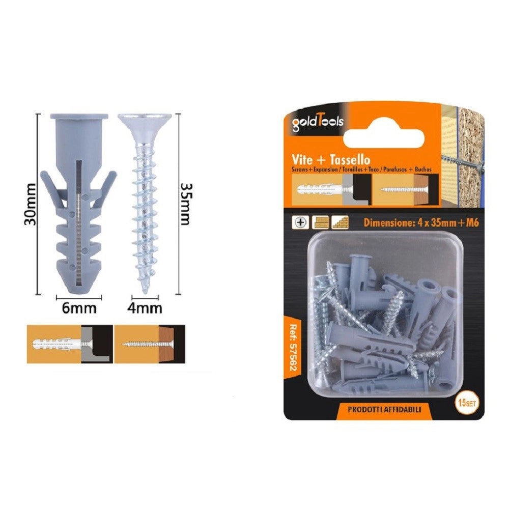 Trade Shop - Set 15pz Viti Vite Croce 4x35 Mm + Tasselli Con Alette Tassello M6 Fischer 57562 -