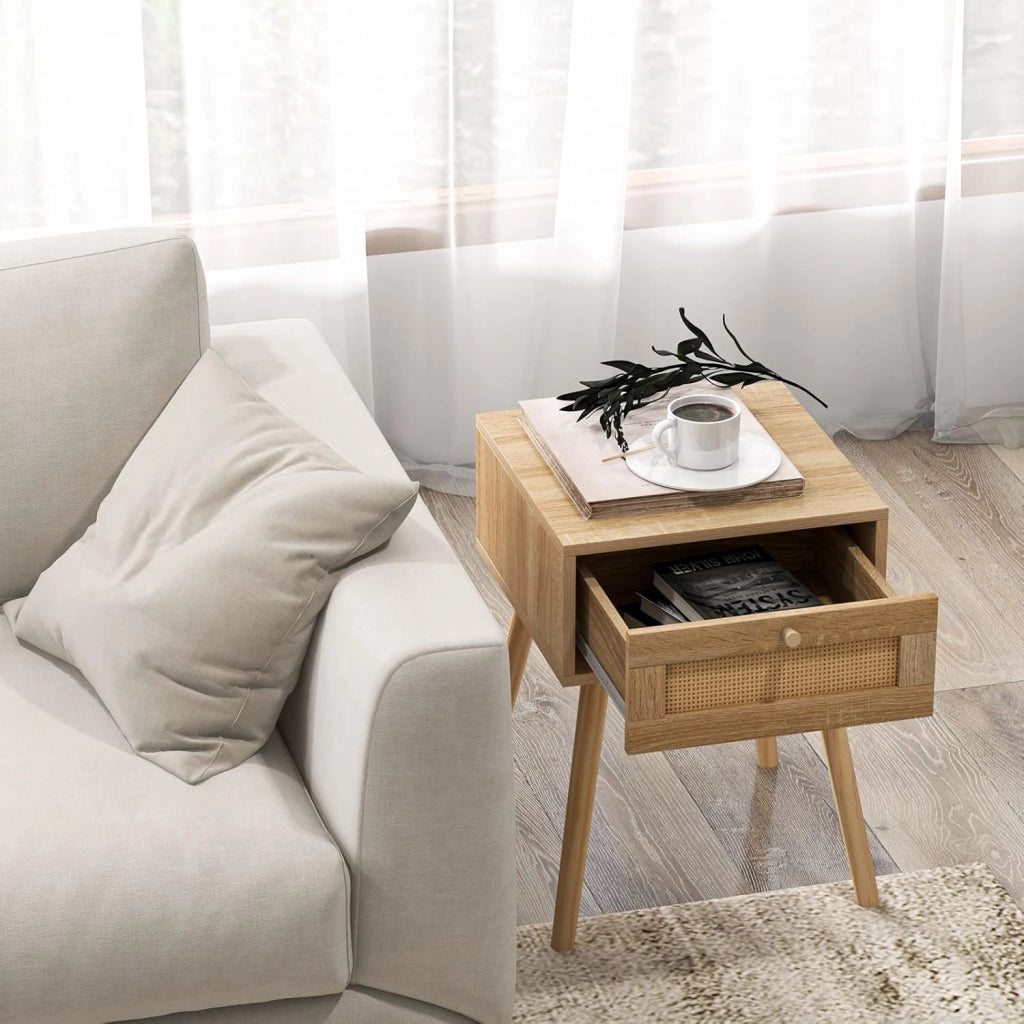 Comodino con porta in rattan, tavolino in legno con stile moderno, mobile laterale decorativo con cassetto, adatto per camera da letto, soggiorno, 40 x 40 x 55 cm, naturale