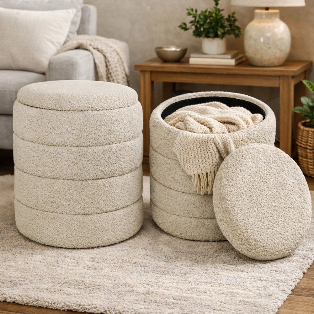 Set 2 Pouf Contenitori Rivestimento Bounclè Beige Seduta Imbottita Ergonomica