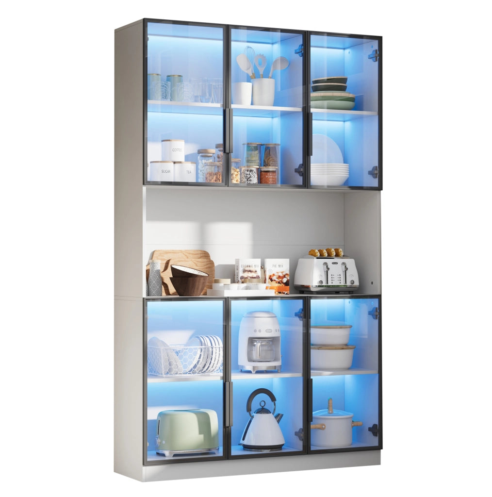 Vetrina alta 120 x 34 x 200 cm con 6 ante; LED controllabile da app; MDF e vetro bianco