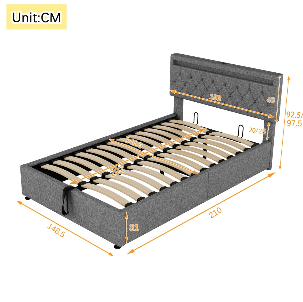 LETTO Imbottito 140x200 cm Grigio con LED, USB e USB-C