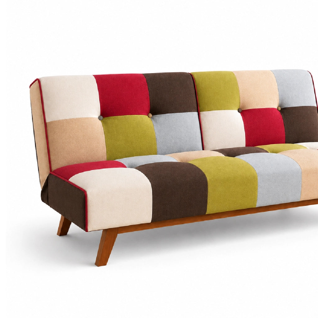 Divano Letto 2/3 Posti Click Clack in Tessuto Patchwork Reclinabile Gambe in legno