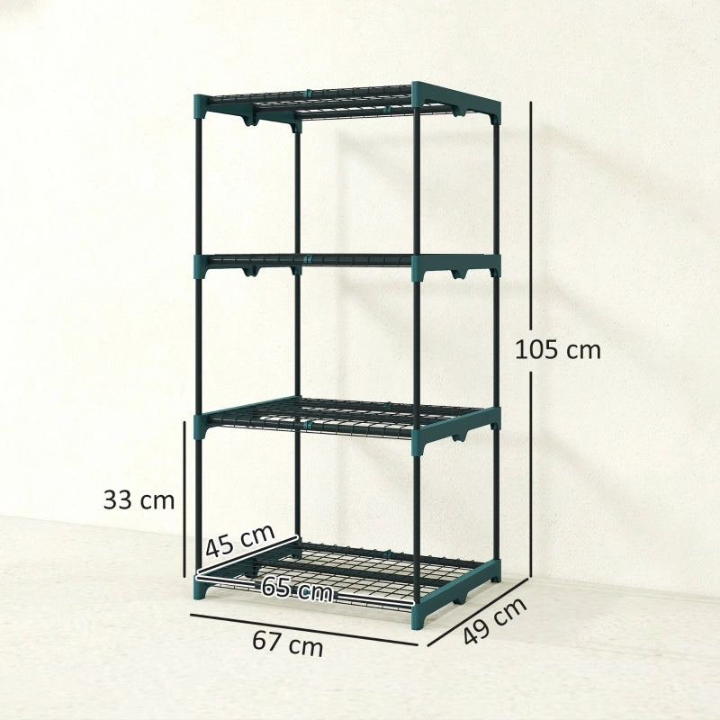 Supporto per piante a 4 ripiani, alto 105 cm, per interni ed esterni, in acciaio, colore verde scuro.