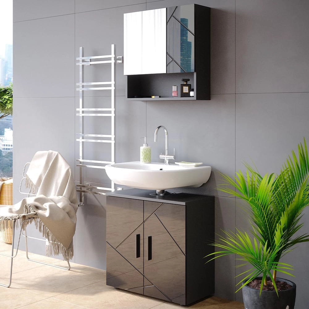 Set mobili bagno Irma, Antracite lucido, 80 cm, composto da specchio da bagno e mobile sottolavabo