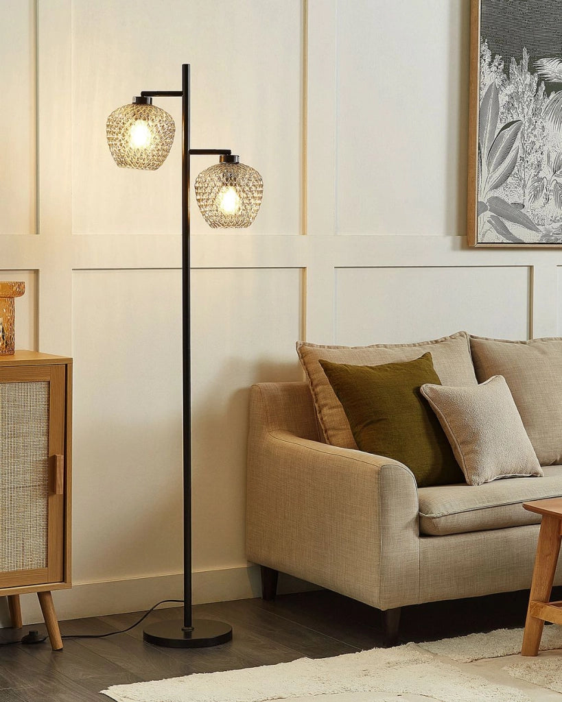 Lampada da terra Base in ferro grigio e nero Paralumi in vetro fumé 2 punti luce Accessori per la casa Illuminazione