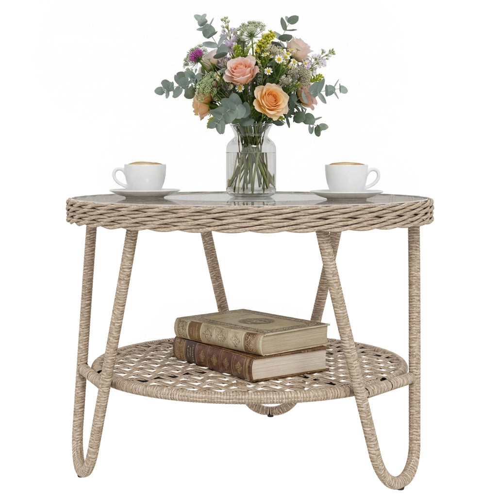 Tavolino da caff¨¨ a due piani in polirattano con piano in vetro e gambe regolabili ¨C zephmum ¨C 65x65x50 cm giallo