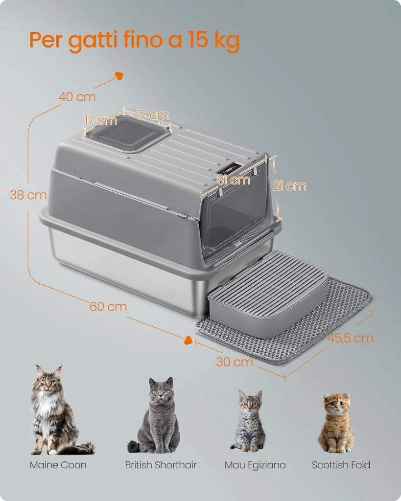 Feandrea Lettiera per Gatti in Acciaio Inox, Toilette per Gatti fino a 15 kg con Coperchio, con Paletta, Tappetino per Lettiera e 2 Ingressi, Grigio Tortora PPT007GN01