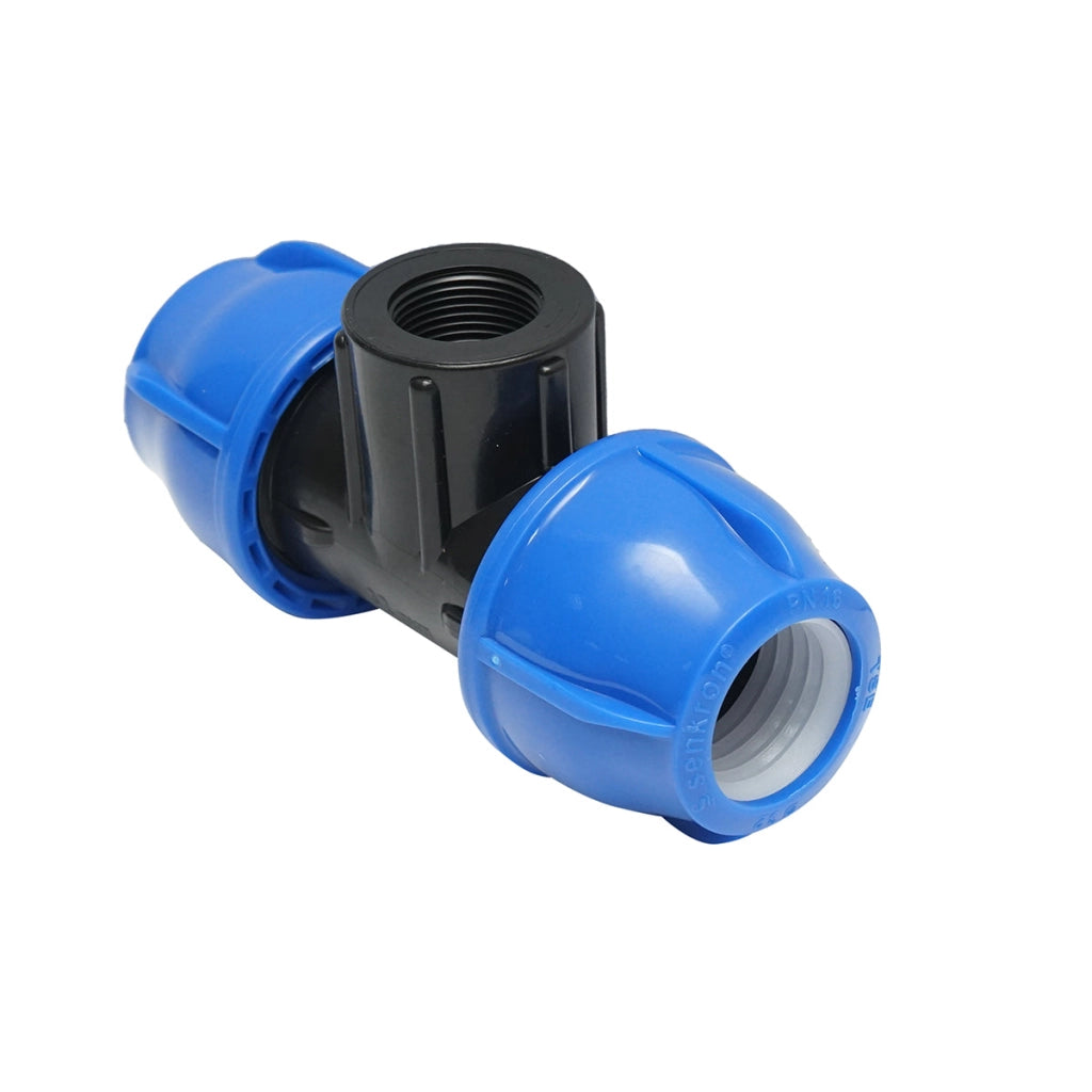 Quadrato a T di compressione con filettatura interna femmina a 90 gradi D32x32mmx3/4, PN16 bar per sistemi di irrigazione.