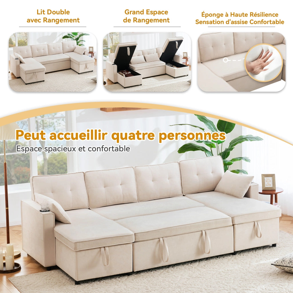 Divano Letto a U con Vani Contenitore; Portabicchieri e Tasca Laterale; Tessuto Cotone e Lino Beige 270 × 130 × 86 cm