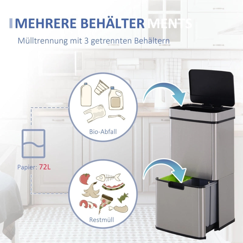 CONTENITORE RIFIUTI 72 L con sensore, 3 scomparti, acciaio inox, argento