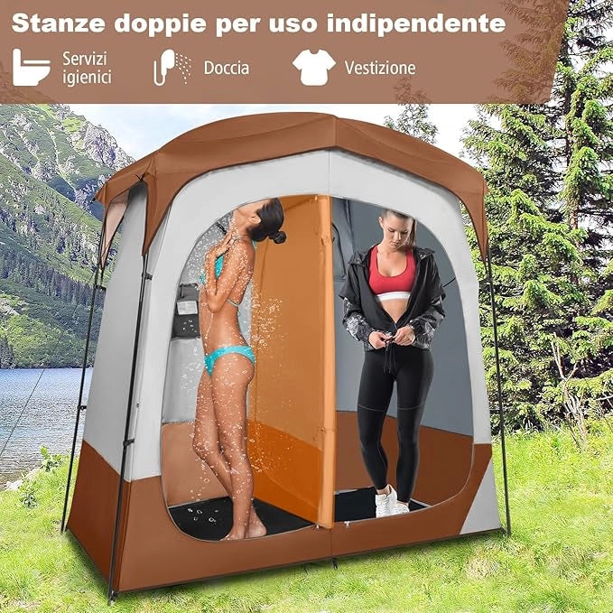 Tenda Spogliatoio da Esterno a 2 Stanze, Tenda da Doccia da Campeggio con Parapioggia Rimovibile, Stendibiancheria e Borsa, Tenda per WC Doccia per Campeggio, Spiaggia e Pesca(Marrone)