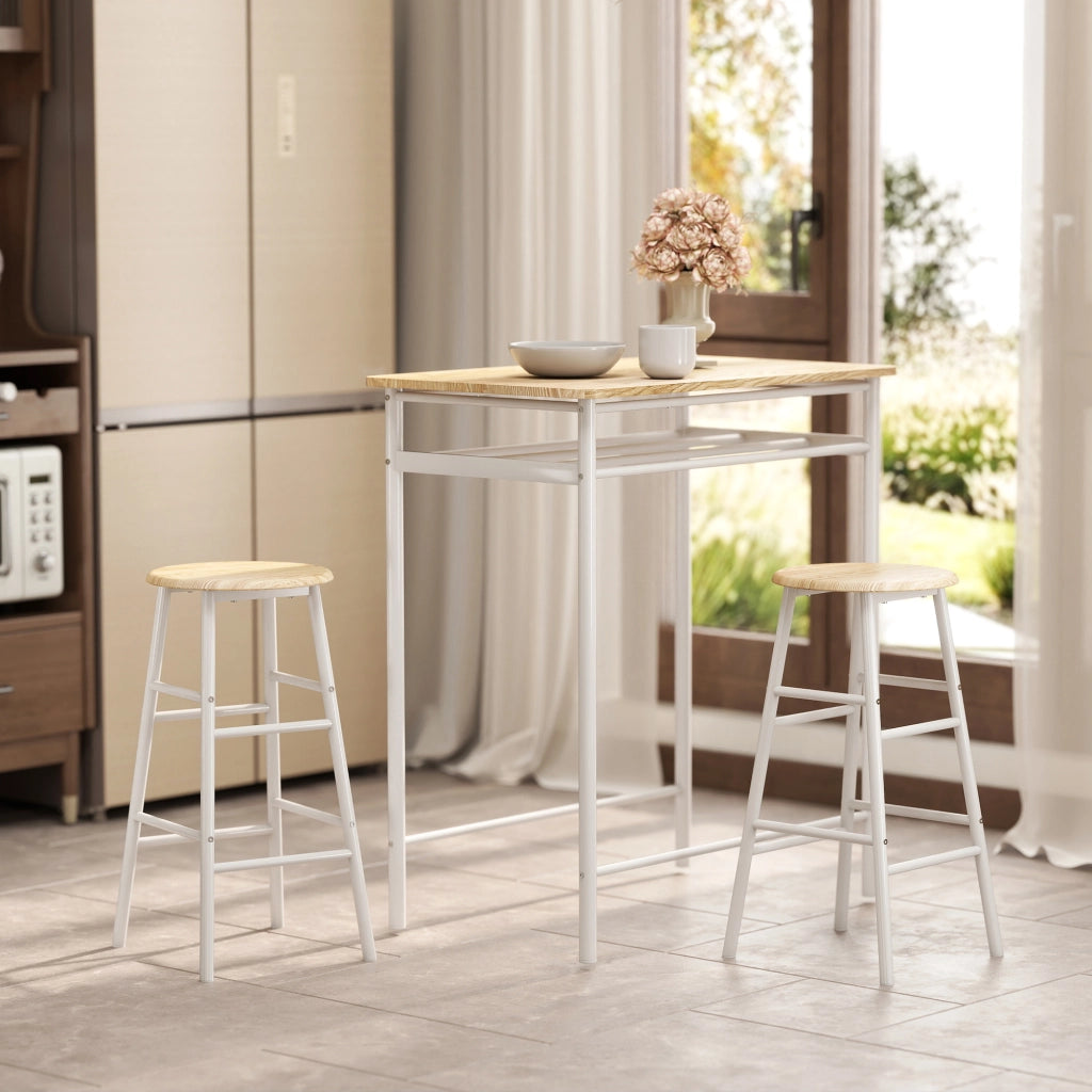 Tavolo da cucina con scaffale e 2 sgabelli ¨C zephmum ¨C bianco e naturale 80x50x90 cm