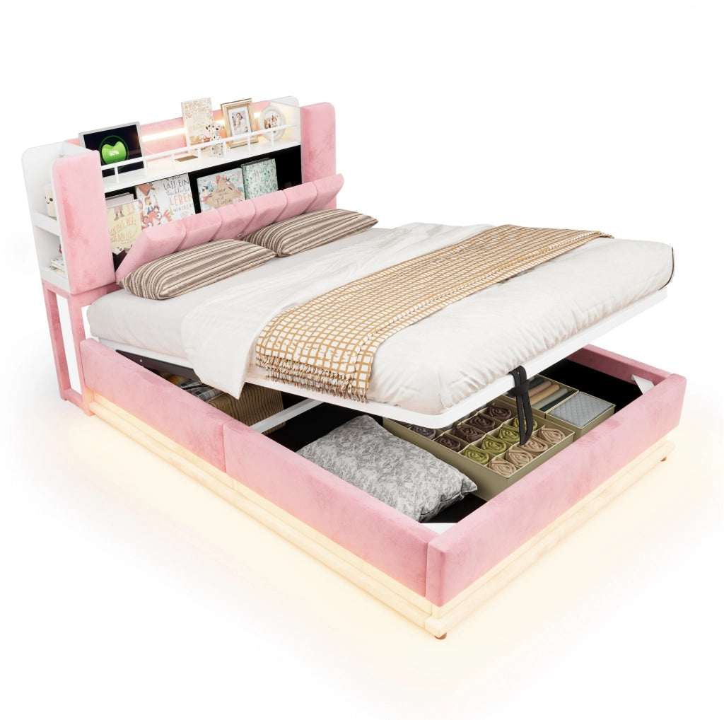 Letto imbottito 140 x 200 cm con LED; USB e contenitore idraulico in velluto rosa