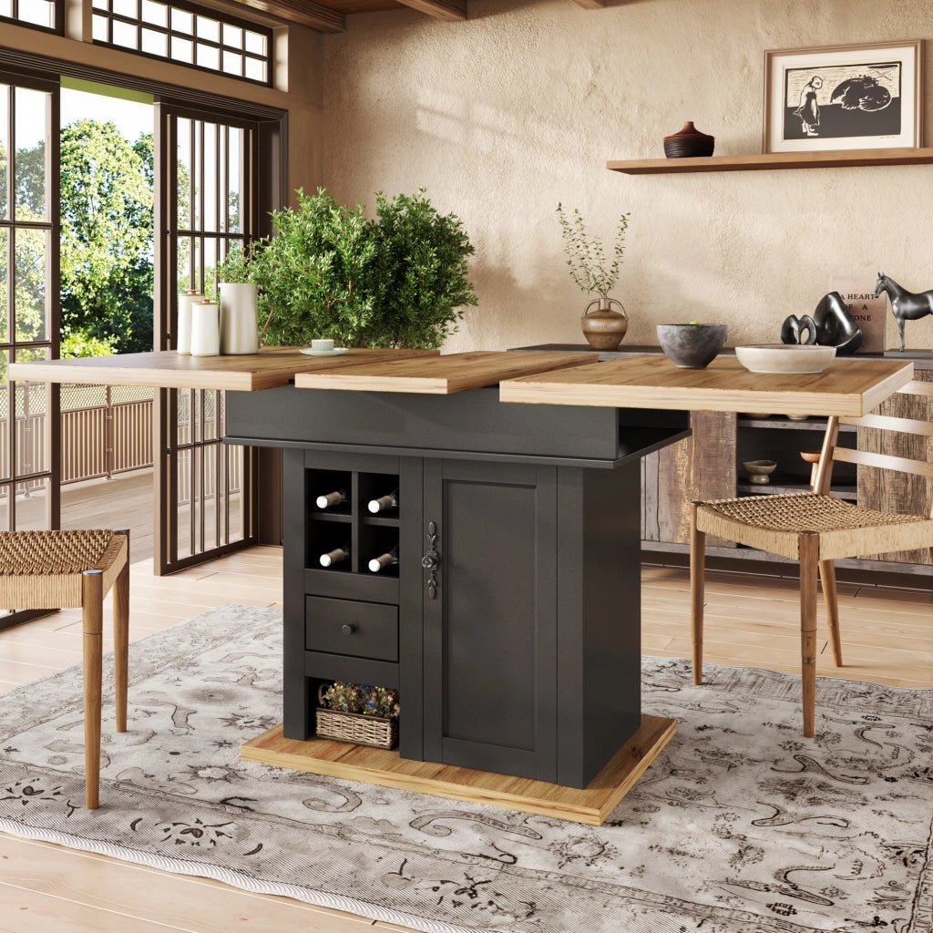 Tavolo da pranzo allungabile 110-140x80x75 cm con vani contenitore; MDF; nero e naturale