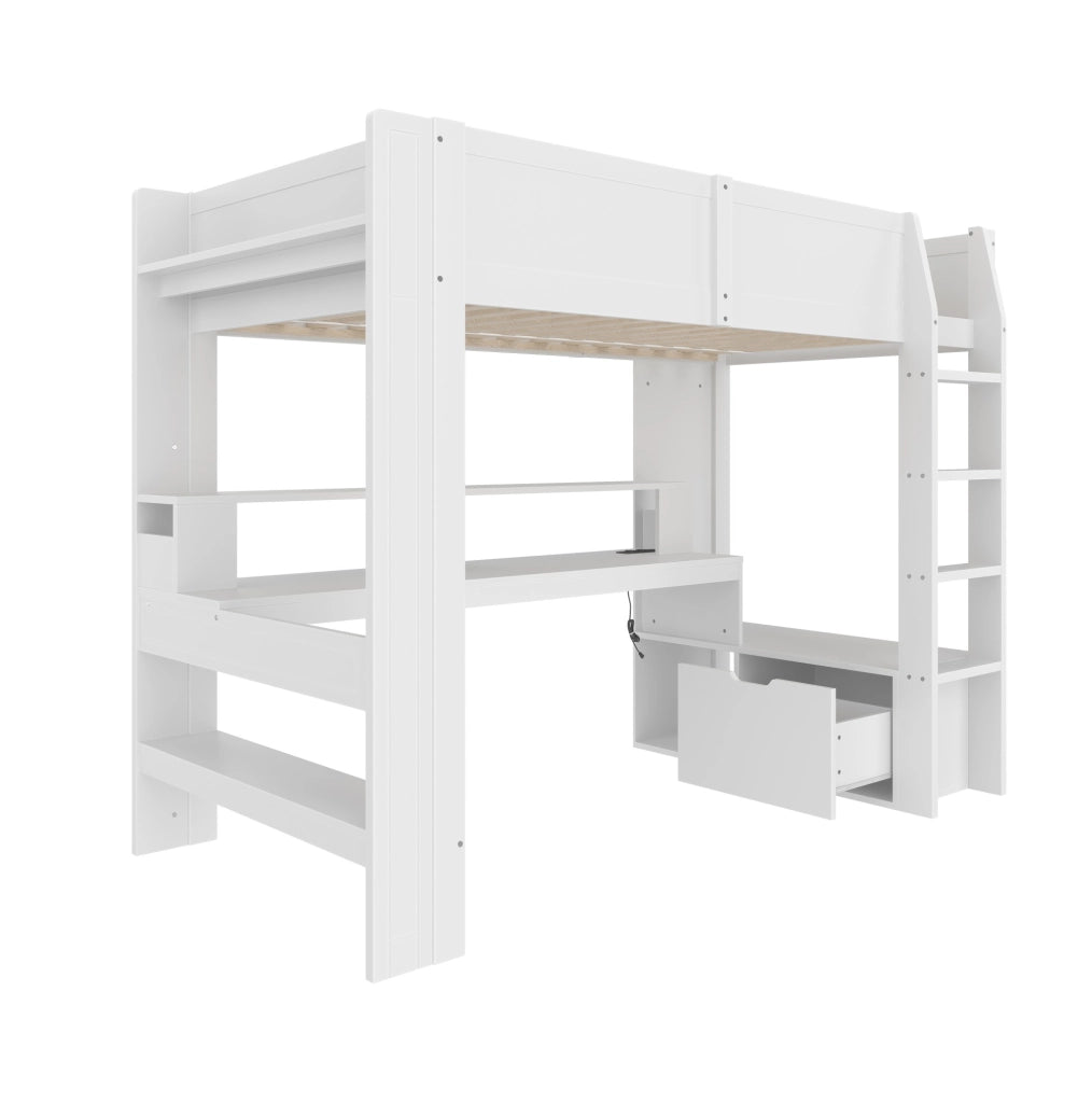 Letto a soppalco ULEVR 90x200 cm con scrivania, cassetto, ripiani e LED a 16 colori, bianco