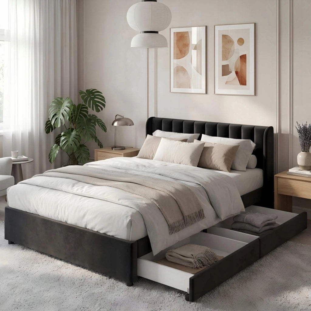 Letto imbottito 140x200 - Xylo - Velluto con 2 cassetti