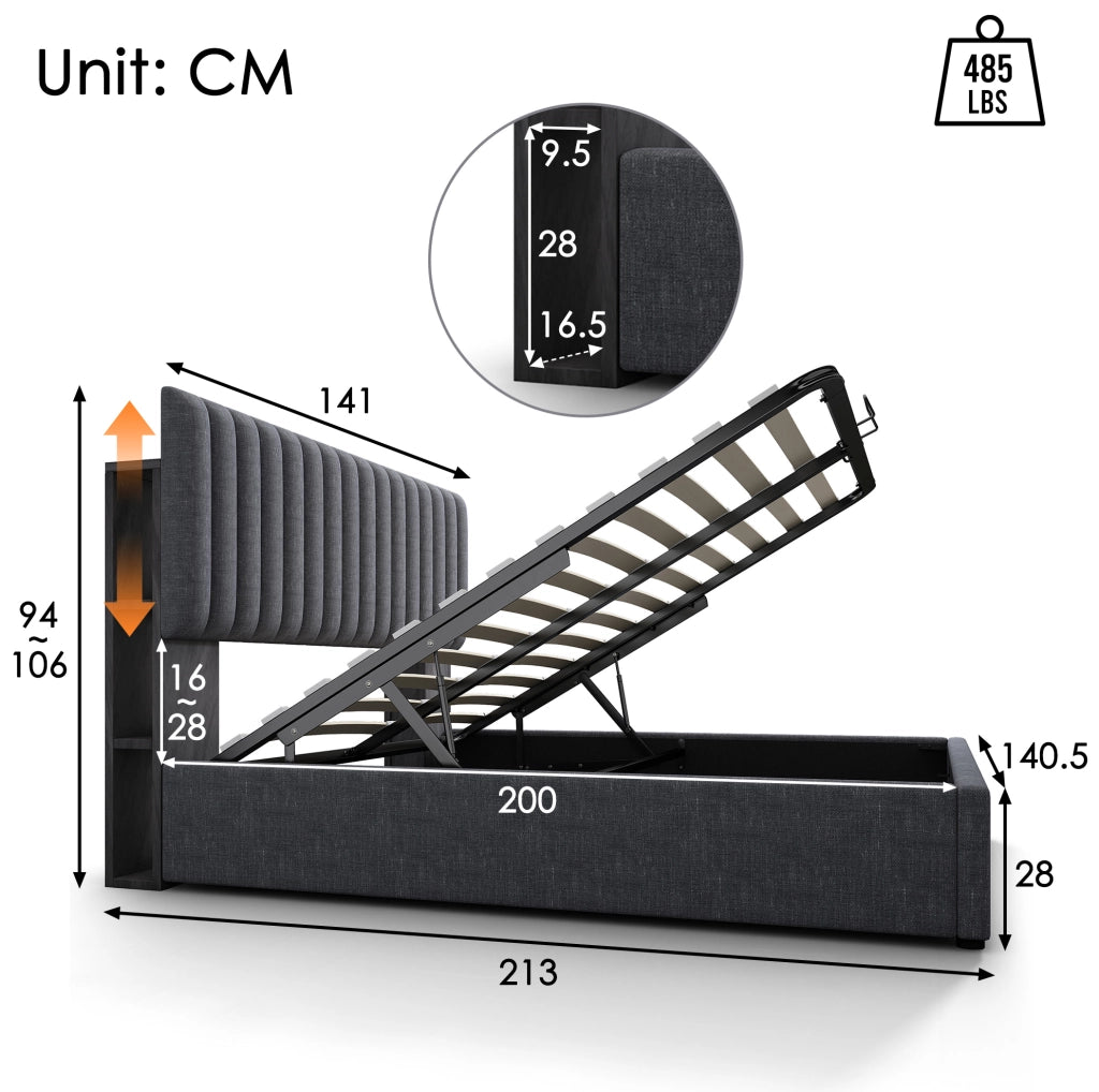 Letto imbottito 140x200 cm grigio con LED app, USB-C, contenitore e testiera regolabile