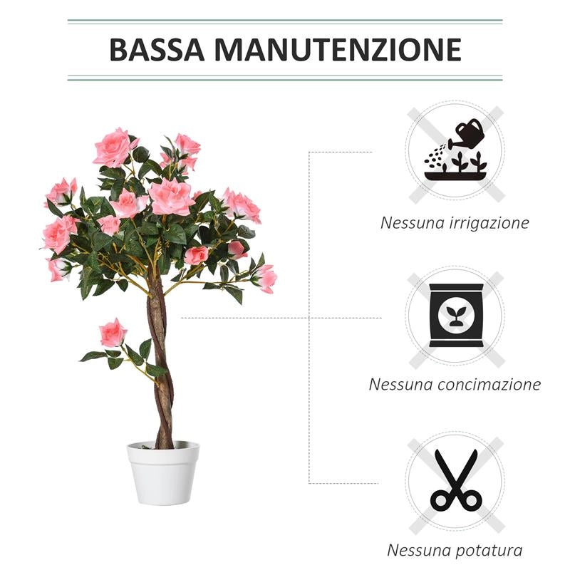 PIANTA FINTA DI ROSA DA 21 FIORI CON VASO RIEMPITO IN CEMENTO E MUSCHIO, Ï18X90 CM, ROSA