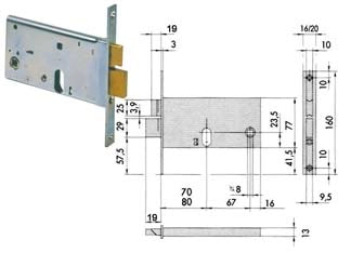 SERRATURA DA INFILARE PER FASCE CATENACCIO E SCROCCO MM.77 H 4446  mm.80 con frontale mm.20 (44461800)    CISA