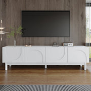 Mobile basso, mobile TV con ante curve a forma di onda, ripiani e supporto TV con gambe stabilizzatrici.