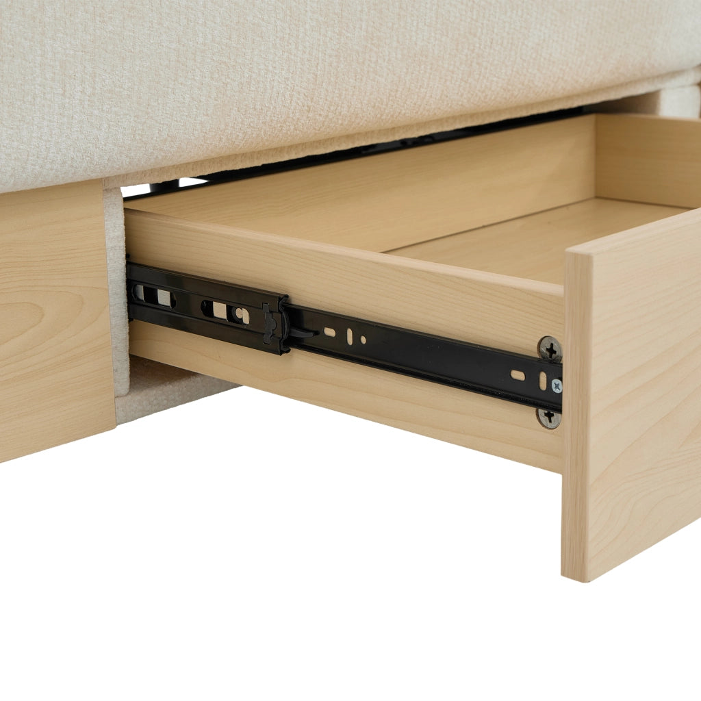 Divano letto in chenille con contenitore, schienale reclinabile a 3 posizioni, 2 cassetti e portabicchieri nascosto, 217 cm, beige