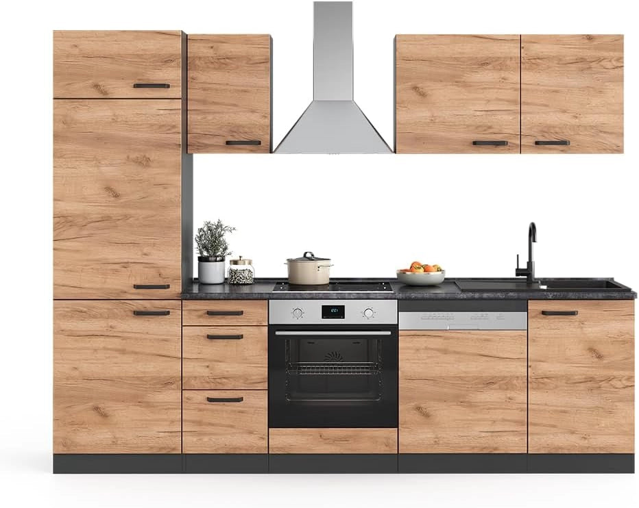 Mobile da cucina Optima, Quercia dorata/antracite, 270 cm Senza piano di lavoro, con colonna, adatto per disposizione e ampliamento personalizzati