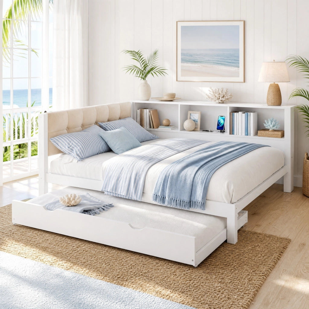 Letto daybed multifunzione 140x200 cm con letto estraibile, LED e USB