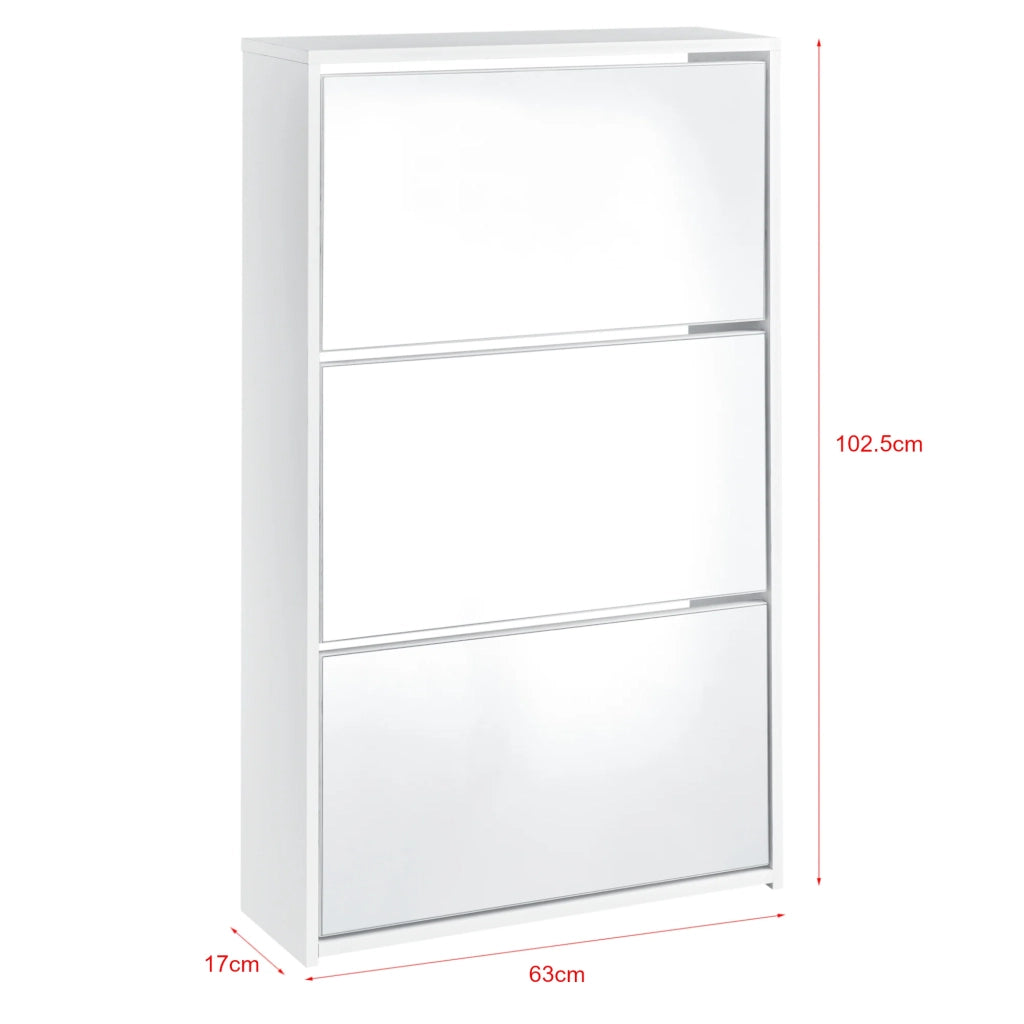 Scarpiera di design mobile contenitore con 3 scomparti capienza 9 paia di scarpe frontale a specchio pannello di particelle rivestito in melamina 102,5 x 63 x 17 cm bianco 03_0005165