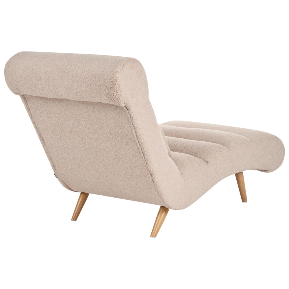 Chaise longue in tessuto bouclè beige per soggiorno, per il relax, con gambe effetto legno, stile scandinavo moderno