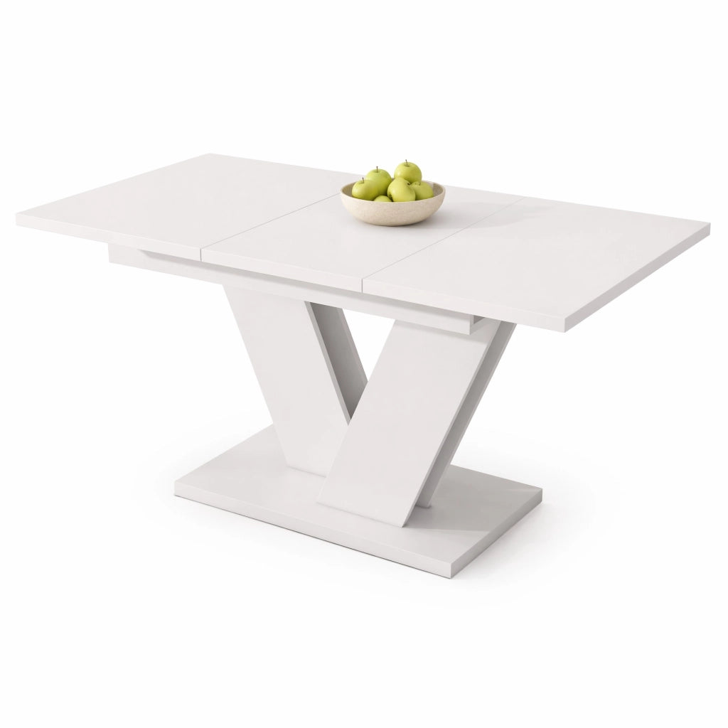 Tavolo da pranzo allungabile 120/160 cm, piano bianco, per 4-8 persone, gambe a V, MDF