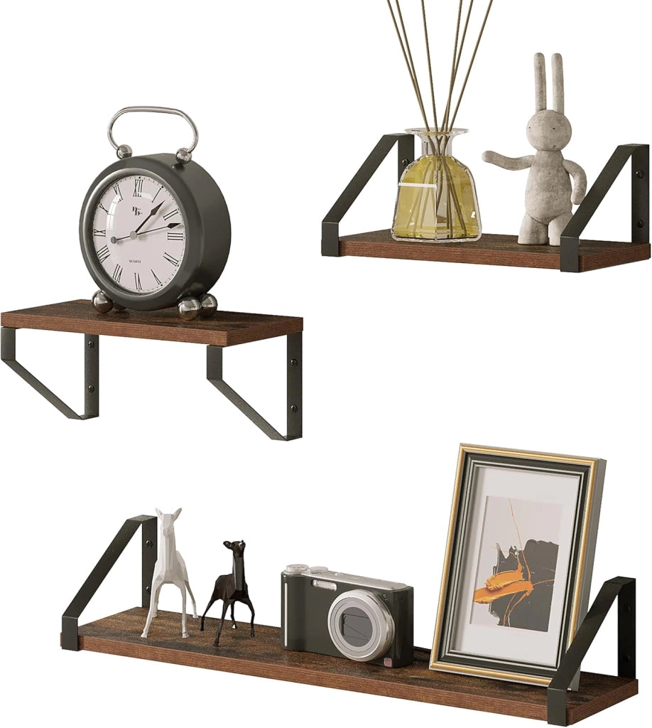Set di 3 Mensole a Muro, Pensili da Cucina, Mensole per Bagno, Soggiorno, Camera da Letto, in Legno e Metallo, Effeto Legno Vintage e Nero, 60x15x11cm e 30x15x11cm