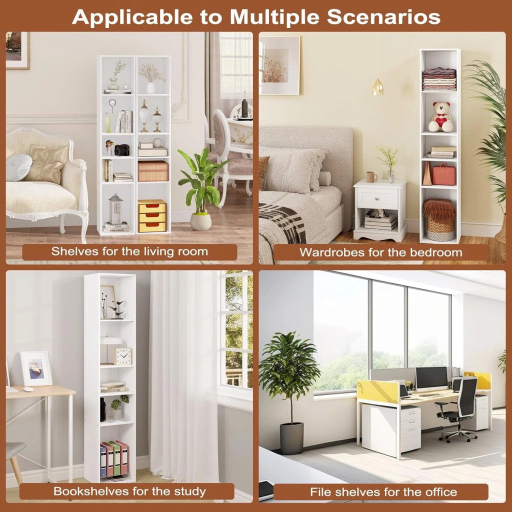 Libreria a 5 Scomparti Aperti, Libreria Verticale a Colonna, Scaffale Angolare Autoportante, per Soggiorno, Ufficio e Studio, in Truciolare, Bianco, 30x26x151cm, SK034ws