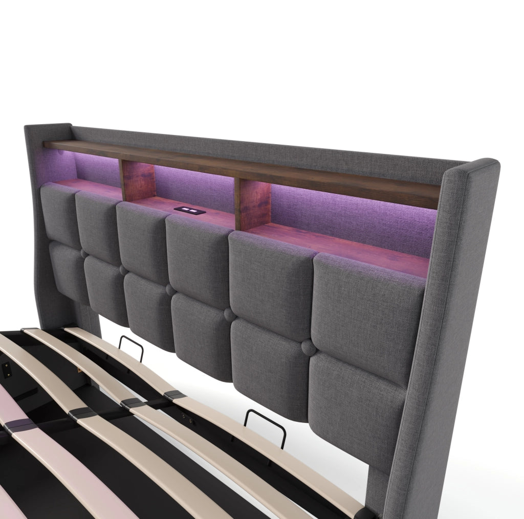 Letto imbottito 180x200 cm con LED, USB e contenitore, grigio