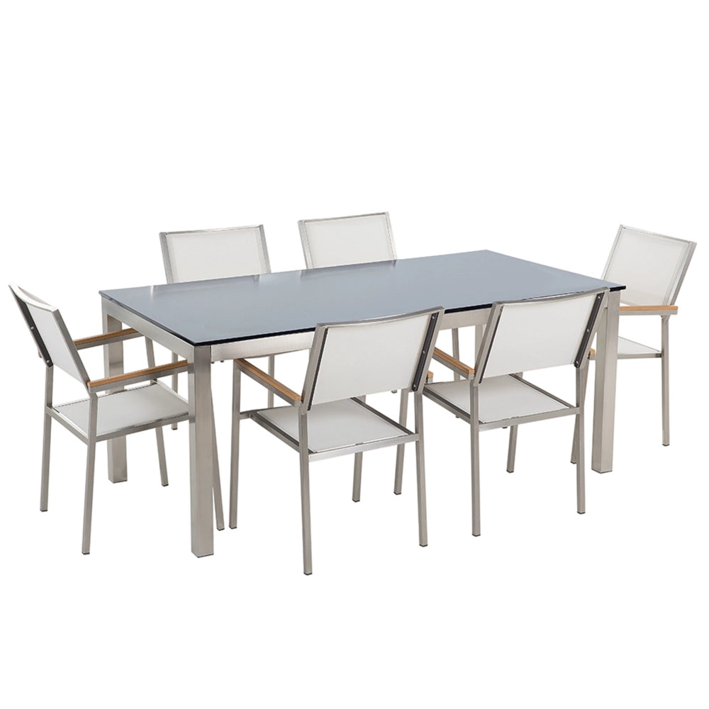 Set da pranzo da giardino bianco con piano in vetro Nero 6 posti 180 x 90 cm