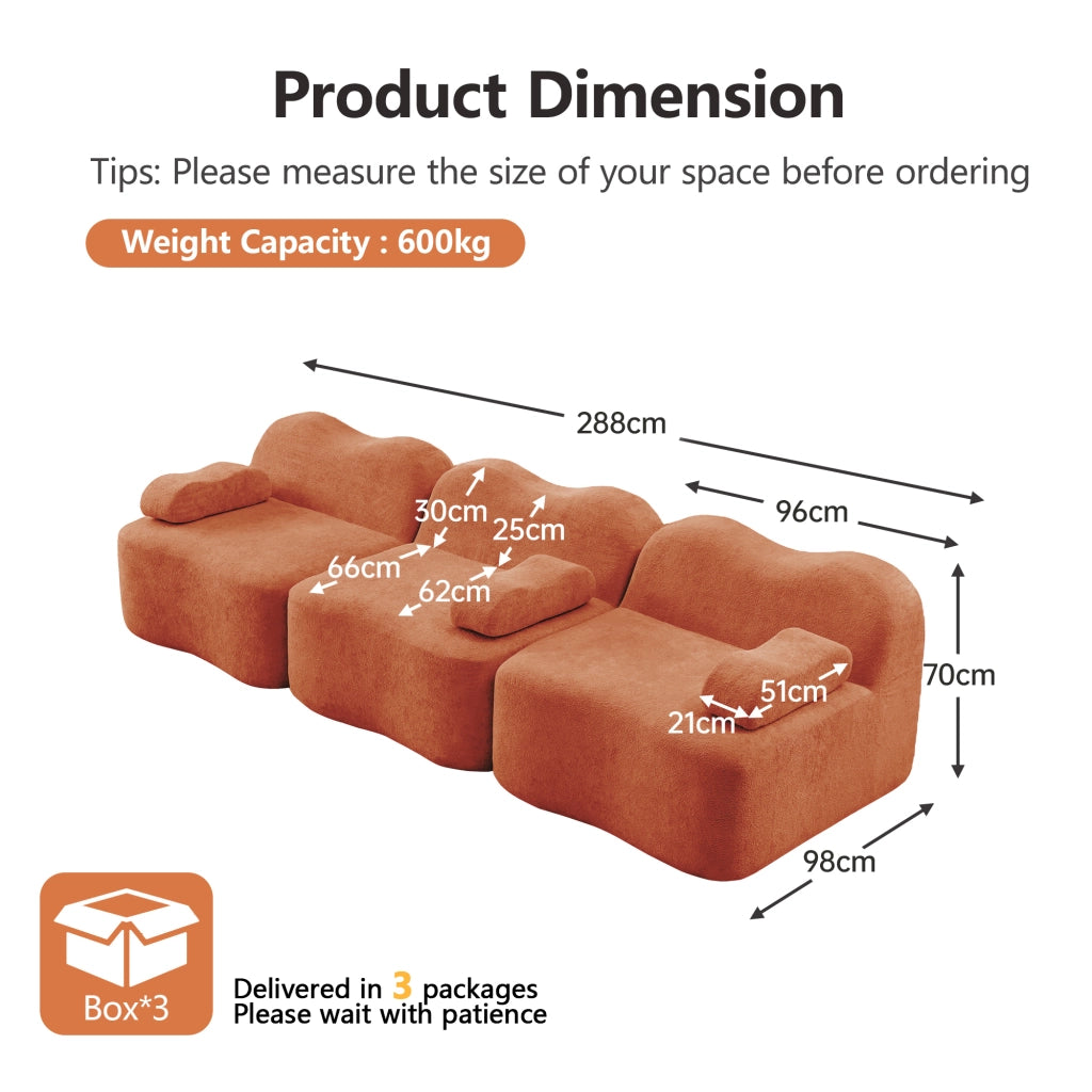 Divano modulare senza struttura con seduta profonda, schienali ergonomici e pouf collegabile in velluto arancione