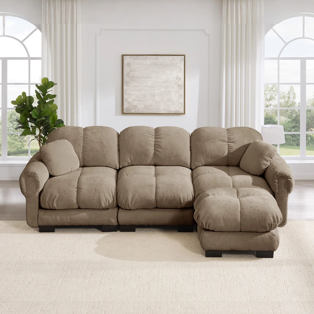 Divano angolare in ciniglia marrone con pouf mobile; 260 × 149 × 90 cm